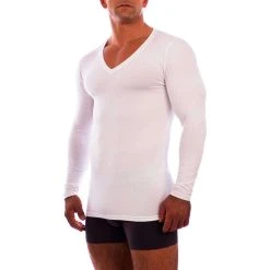Obviously Essence Deep V-Neck Long Sleeve Undershirt - White -Bown Of London shop obviously essence deep v neck long sleeve undershirt white 31036179