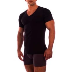 Obviously Essence Deep V-Neck Short Sleeve Undershirt - Black -Bown Of London shop obviously essence deep v neck short sleeve undershirt black 31036184