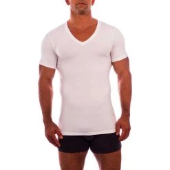 Obviously Essence Deep V-Neck Short Sleeve Undershirt - White -Bown Of London shop obviously essence deep v neck short sleeve undershirt white 31036187