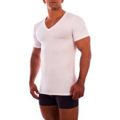 Obviously Essence Deep V-Neck Short Sleeve Undershirt - White -Bown Of London shop obviously essence deep v neck short sleeve undershirt white 31036189