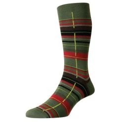 Pantherella Carway Multi Check Sea Island Cotton Socks - Olive Khaki