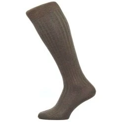 Pantherella Danvers Rib Over The Calf Cotton Lisle Socks - Dark Brown Mix
