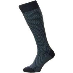 Pantherella Highbury Merino Wool Houndstooth Over The CalfSocks - Navy